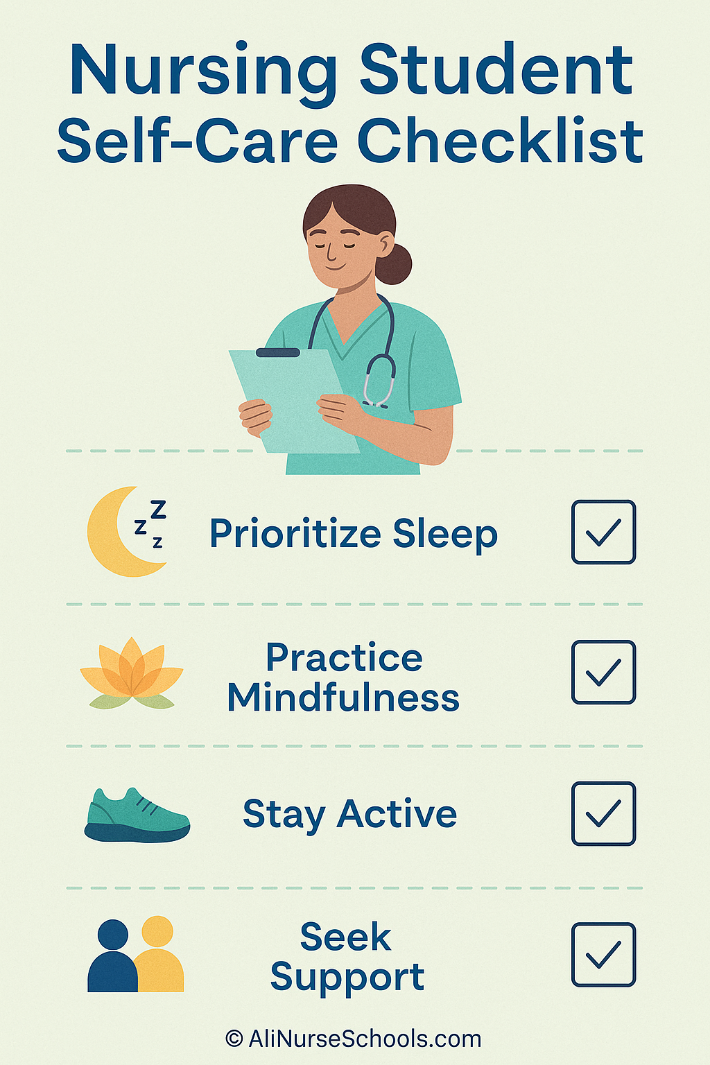 Illustrated self-care checklist for nursing students to manage stress and mental health