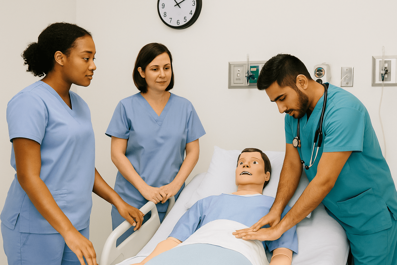 Entry-level nursing students practicing patient care in a simulation lab
