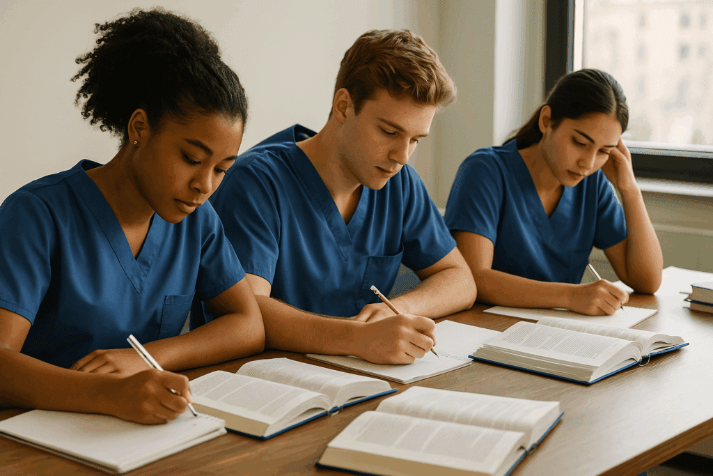 Nursing students studying together for exams in a fast-track nursing program