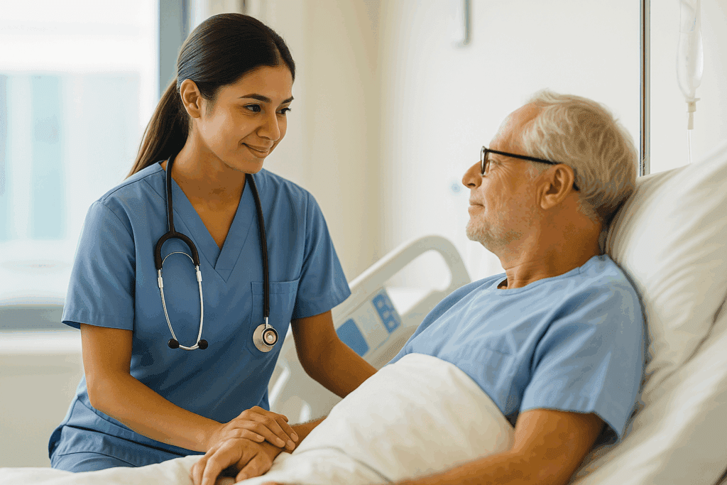 Registered nurse assisting a patient in a hospital setting