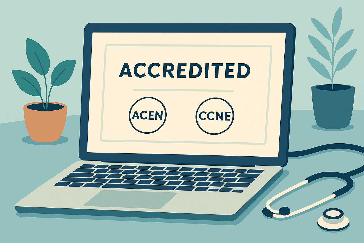 Laptop displaying an accreditation certificate with ACEN and CCNE seals for online nursing programs.