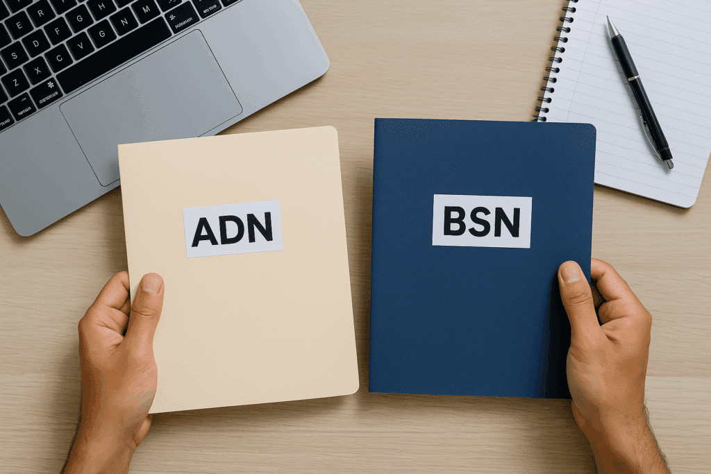 Hands holding folders labeled ADN and BSN next to a laptop and notebook.