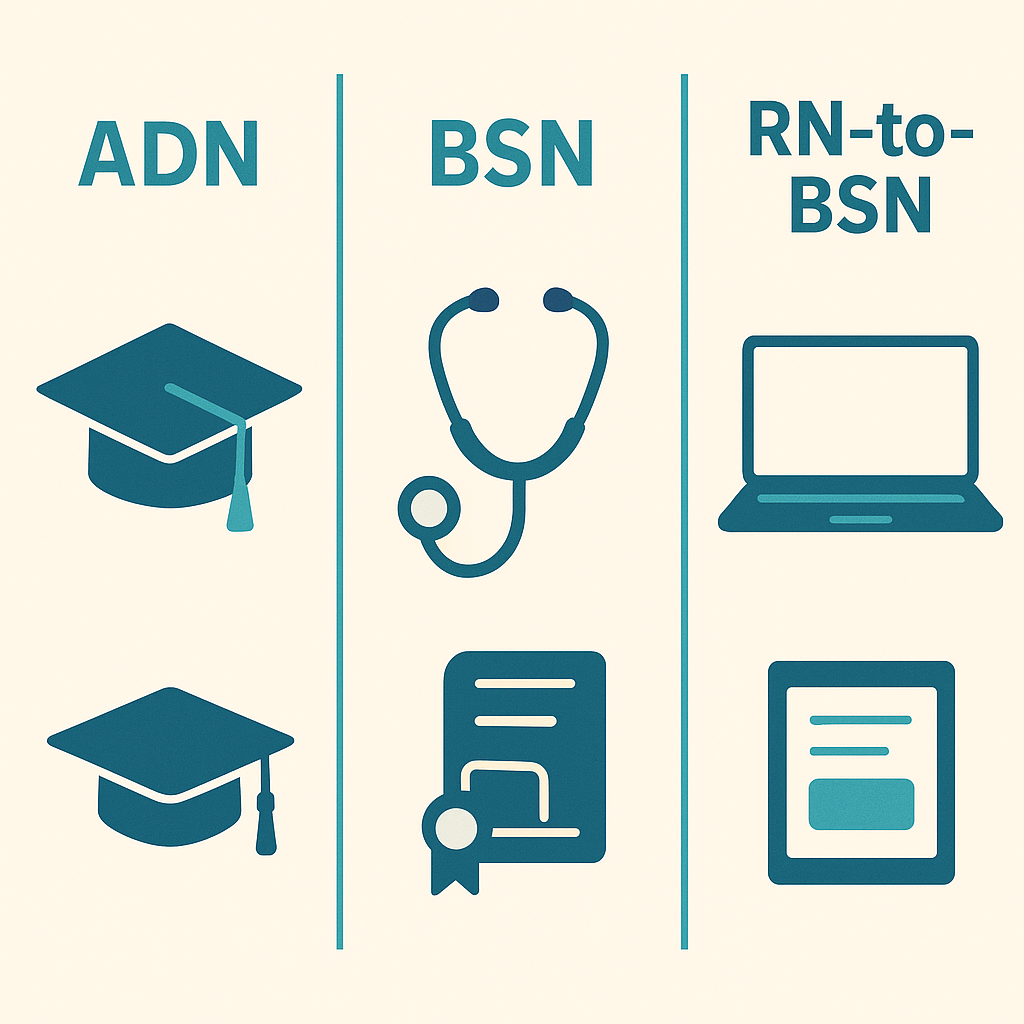 Infographic comparing ADN, BSN, and RN-to-BSN online nursing degree pathways with simple icons.
