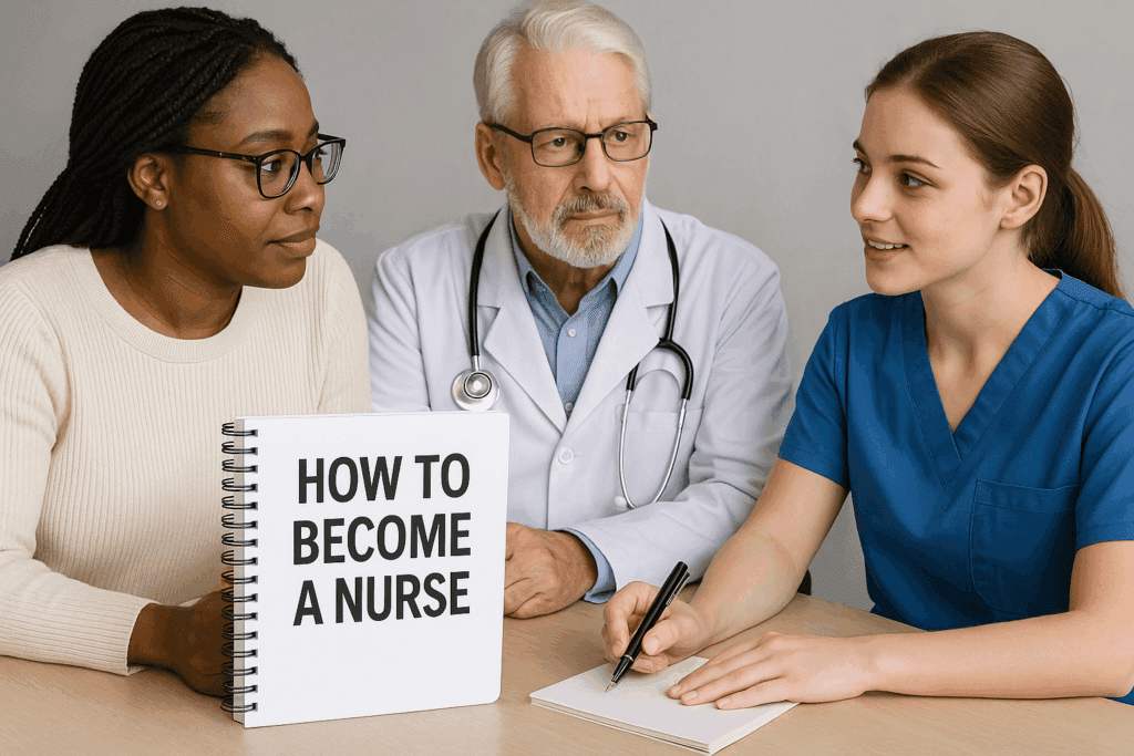 Doctor, nursing student, and advisor discussing how to become a nurse around a table.