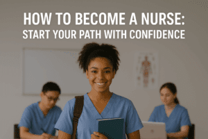 Nursing student in scrubs smiling in a classroom with text overlay reading “How to Become a Nurse: Start Your Path With Confidence.”