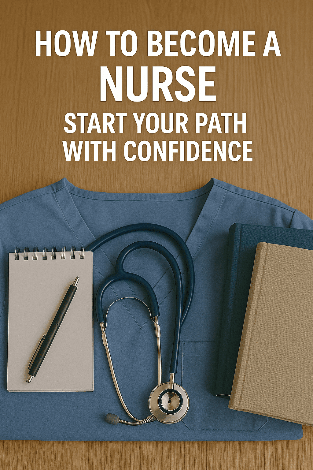 Flat lay of nursing scrubs, a stethoscope, notebook, and books with text reading “How to Become a Nurse.”