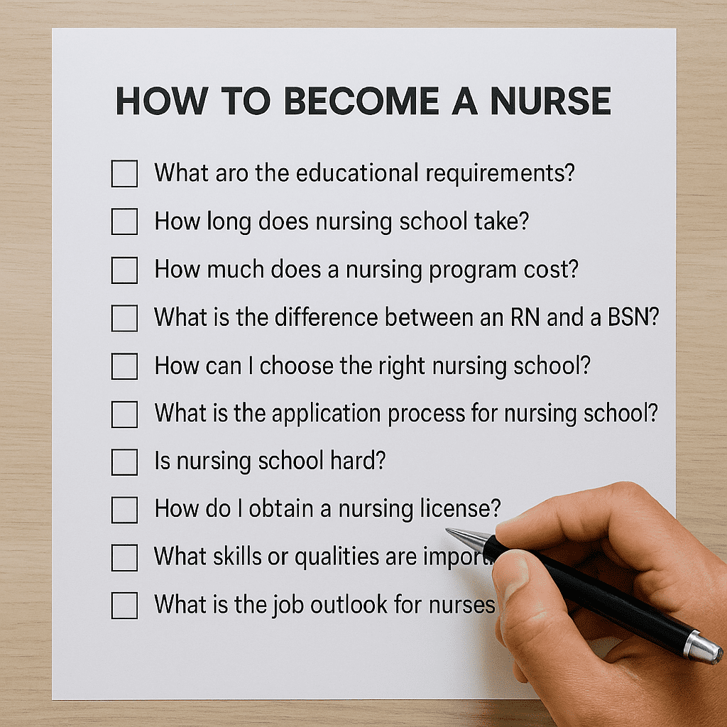 Printed checklist titled “How to Become a Nurse” on a desk with a hand holding a pen.