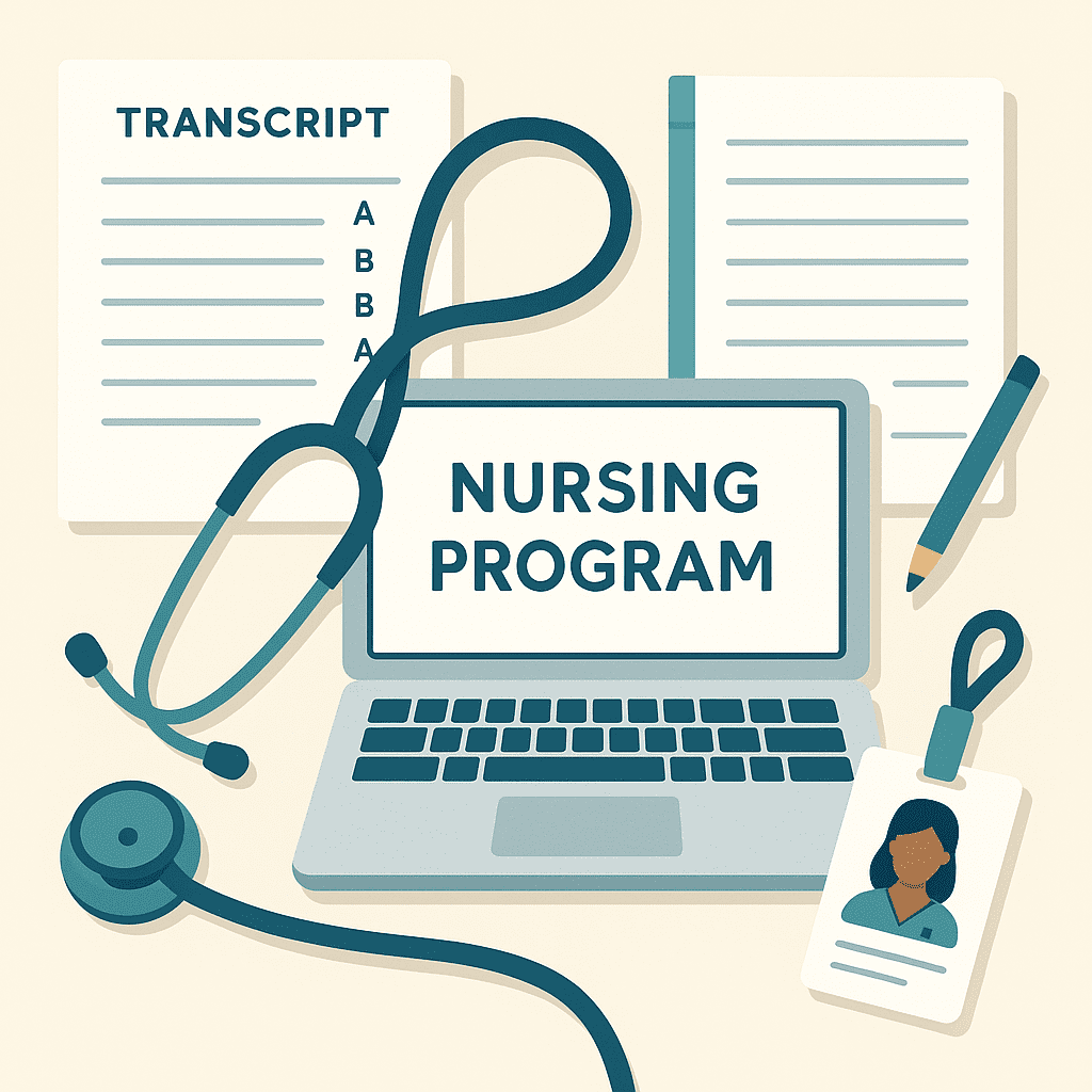 Flat-lay of nursing program application materials including transcripts, laptop, stethoscope, and ID badge.