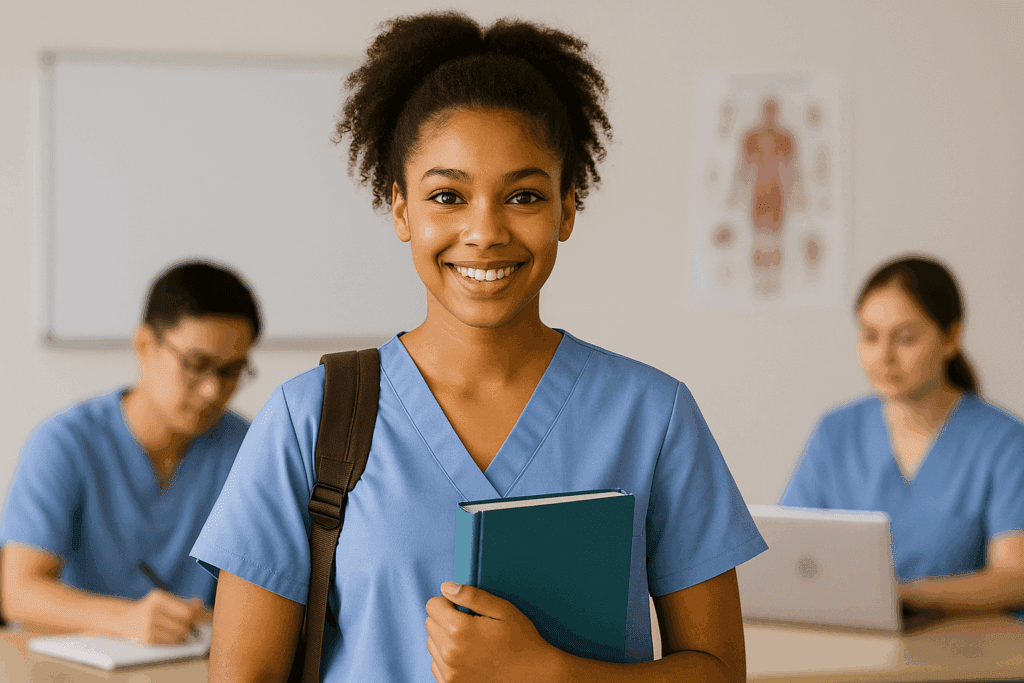 Smiling nursing student in blue scrubs holding a book in a classroom.