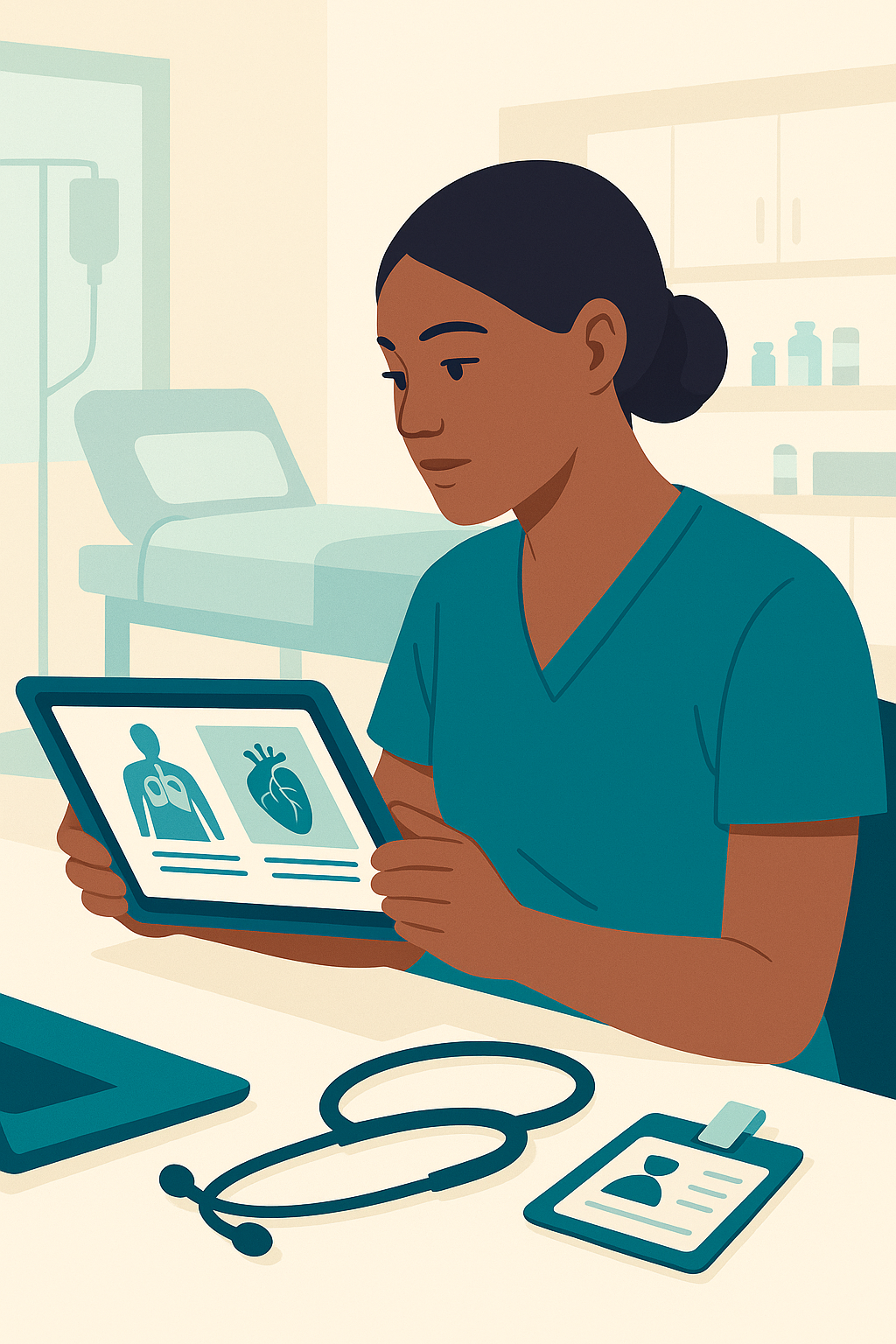 Nurse practitioner student reviewing advanced online coursework on a tablet in a clinical setting.