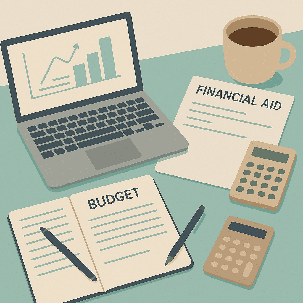 Budgeting workspace showing laptop, financial aid forms, calculator, notebook, and coffee cup.