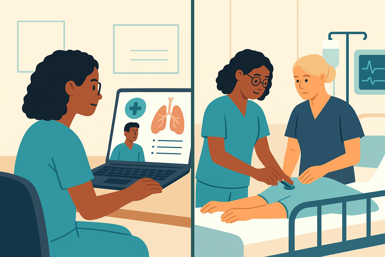 Split illustration showing a nursing student attending an online lecture and performing clinical training in a hospital.