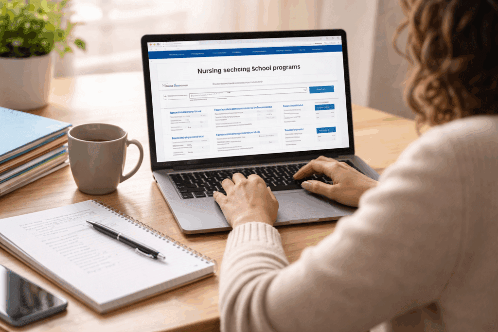 tudent comparing nursing programs on a laptop