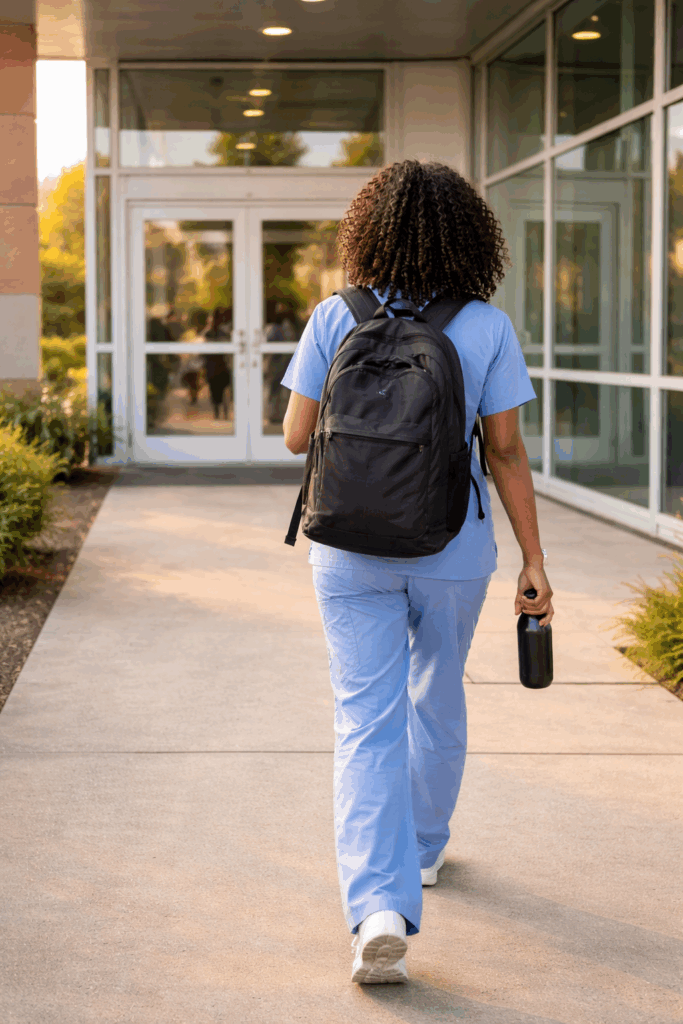 Nursing student arriving at a hospital for a clinical rotation