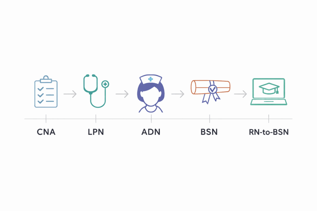 Diagram showing CNA, LPN, ADN, and BSN nursing education pathways