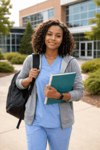 Adult nursing student standing outside a local nursing school campus