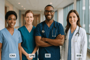 Diverse group of nurses representing CNA, LPN, RN, and BSN roles standing in a hospital hallway